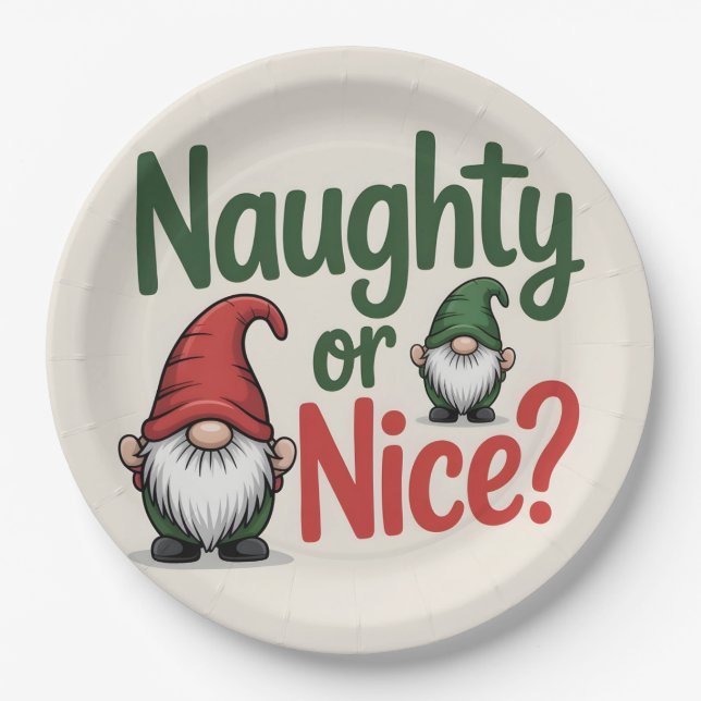 Plato De Papel Naughty or Nice Christmas Graphic: Cute Gnomes (Anverso)