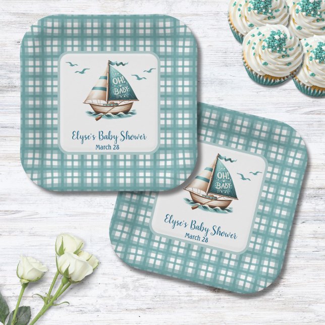 Plato De Papel Náutica azul Náutica "Oh, bebé", placas para Fiest (Nautical "Oh, Baby" Paper Plates for Bay Shower)