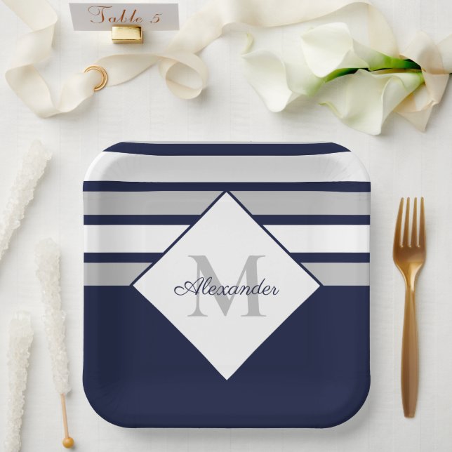 Plato De Papel Náutica moderna Navy franjas grises azules Monogra (Boda)