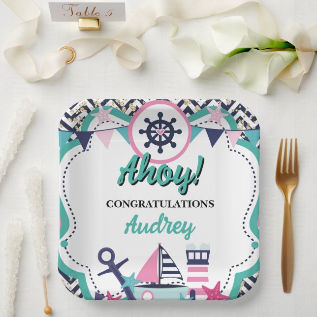 Plato De Papel Nautical Ahoy Baby Shower (Boda)