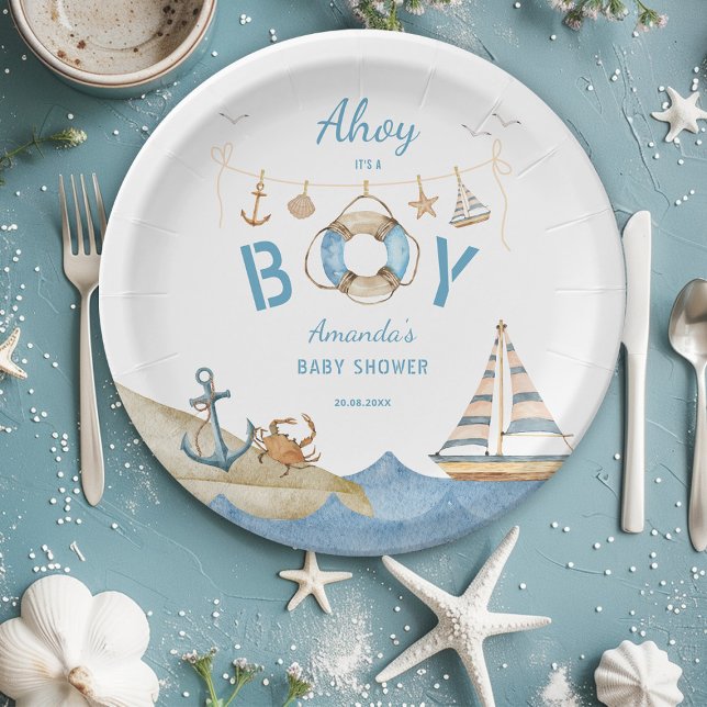 Plato De Papel Nautical Ahoy es un niño Baby Shower (Subido por el creador)