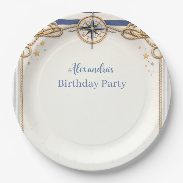 Plato De Papel Nautical Anchor Compass Birthday (Anverso)