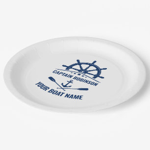 Plato De Papel Nautical Anchor Cruzado Oars & Ships Wheel Blanco