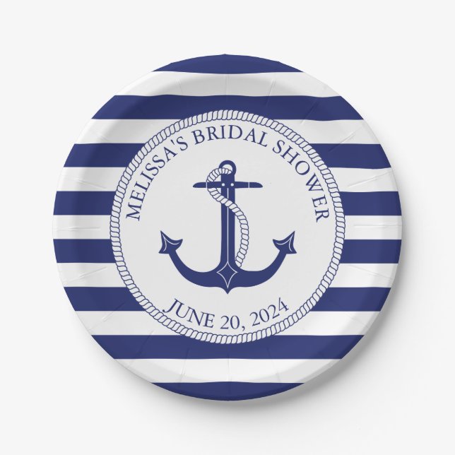 Plato De Papel Nautical Anchor Nave Blue Stripe Bridal Shower (Anverso)