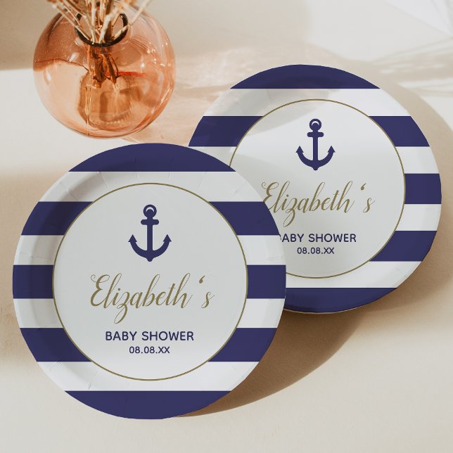 Plato De Papel Nautical Anchor Navy Blue Stripes Boy Baby Shower (Subido por el creador)