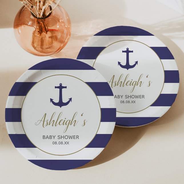Plato De Papel Nautical Anchor Navy Blue Stripes Boy Baby Shower (Subido por el creador)