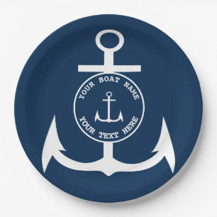 Plato De Papel Nautical Anchor Personalizado Navy Blue 9"