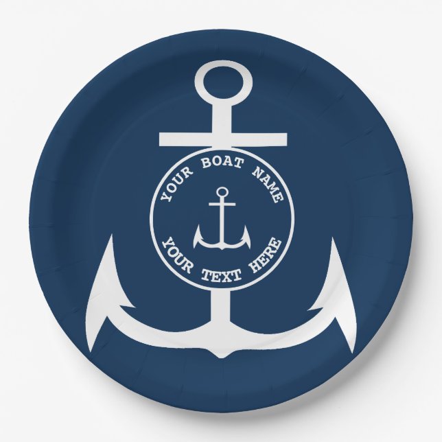 Plato De Papel Nautical Anchor Personalizado Navy Blue 9" (Anverso)