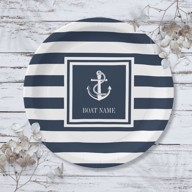 Plato De Papel Nautical Anchor Rope Nombre Barco Naval Banda Azul (Nautical Anchor Rope Boat Name Navy Blue Striped Paper Plates)