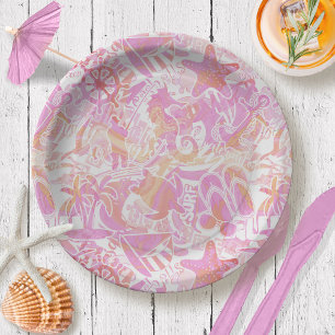 Plato De Papel Nautical Beach Collage Hot Pink ID840