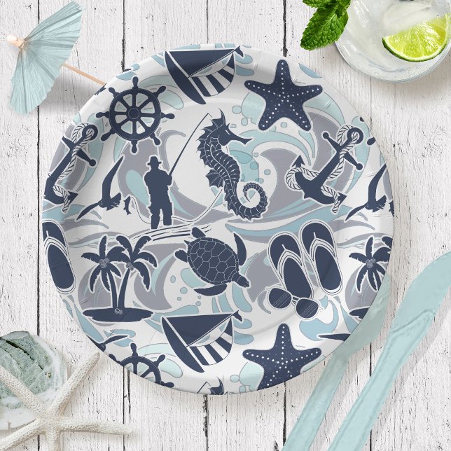 Plato De Papel Nautical Beach Pattern Navy ID839 (Subido por el creador)