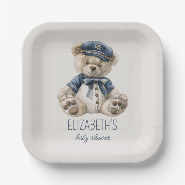 Plato De Papel Nautical Blue Baby Bear Baby Shower (Anverso)