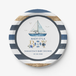 Plato De Papel Nautical Blue Boat Ahoy es un niño Baby Shower
