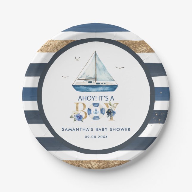 Plato De Papel Nautical Blue Boat Ahoy es un niño Baby Shower (Anverso)
