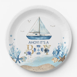 Plato De Papel Nautical Blue Boat Ahoy es un niño Baby Shower