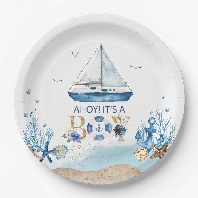 Plato De Papel Nautical Blue Boat Ahoy es un niño Baby Shower (Anverso)