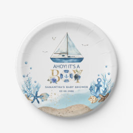 Plato De Papel Nautical Blue Boat Ahoy es un niño Baby Shower