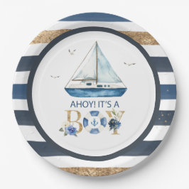 Plato De Papel Nautical Blue Boat Ahoy es un niño Baby Shower
