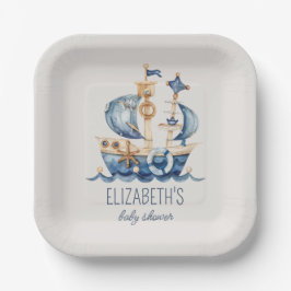 Plato De Papel Nautical Blue Sailing Ship Baby Shower