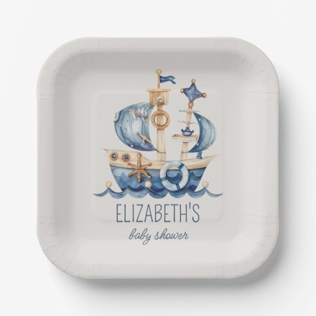 Plato De Papel Nautical Blue Sailing Ship Baby Shower (Anverso)