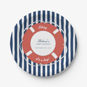Plato De Papel Nautical Blue Stried Baby Shower Boy