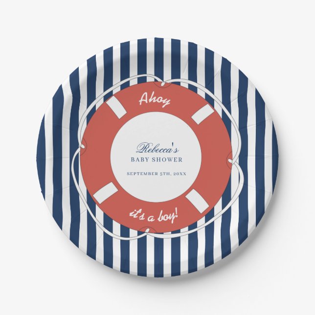 Plato De Papel Nautical Blue Stried Baby Shower Boy (Anverso)