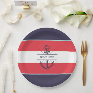 Plato De Papel Nautical Boat Anchor Naval Azul Blanco Rojo