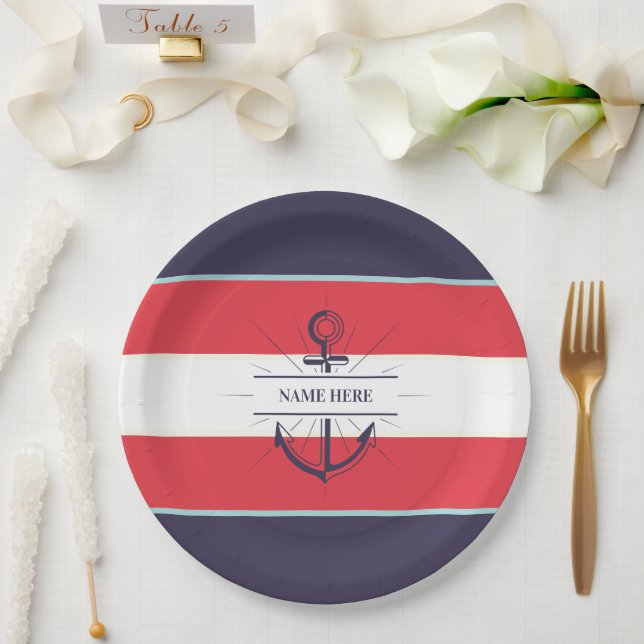 Plato De Papel Nautical Boat Anchor Naval Azul Blanco Rojo (Boda)