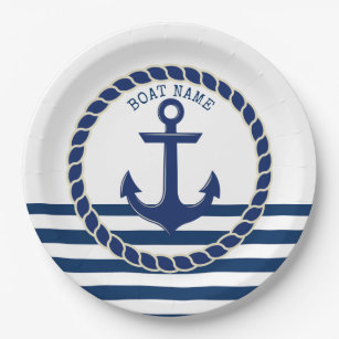 Plato De Papel Nautical Boat Name,Anchor Naval Blue Stried