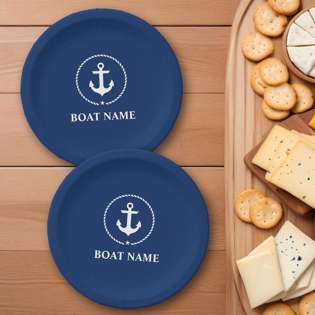 Plato De Papel Nautical Boat Name Anchor Rope Navy Blue (Customize to change text size, text style or background color.)