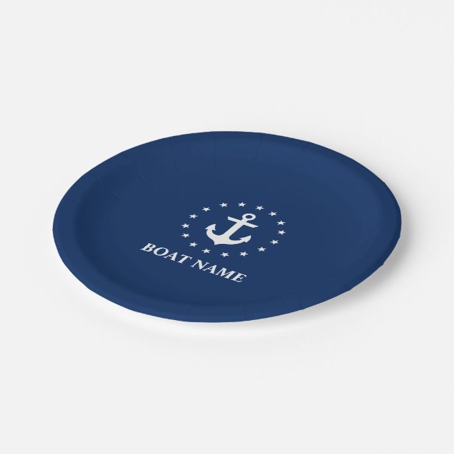 Plato De Papel Nautical Boat Name Anchor Stars Naval Azul (Angular)