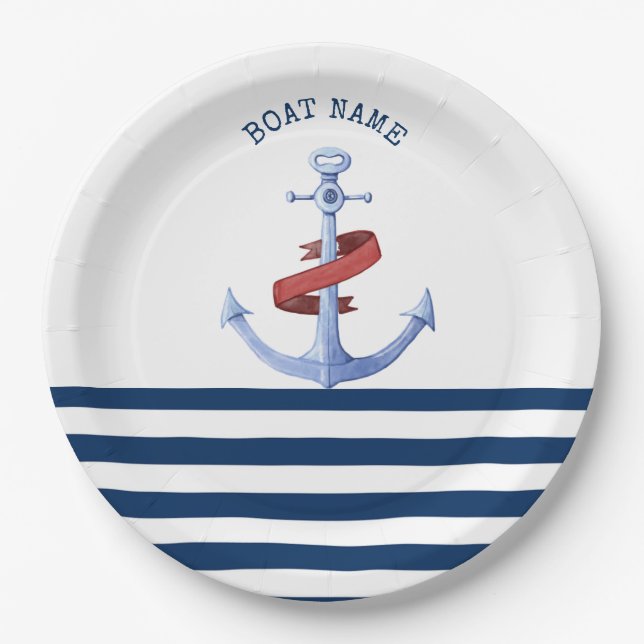 Plato De Papel Nautical Boat Name,Blue Anchor Nave Strip (Anverso)