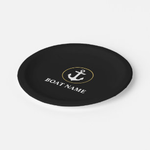 Plato De Papel Nautical Bote Name Anchor Black Gold