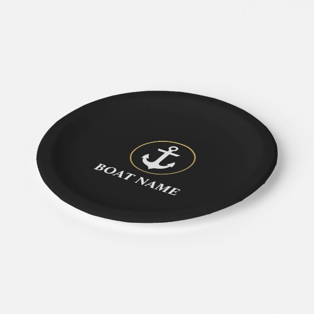 Plato De Papel Nautical Bote Name Anchor Black Gold (Angular)