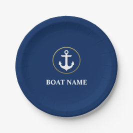 Plato De Papel Nautical Bote Name Anchor Blue Gold
