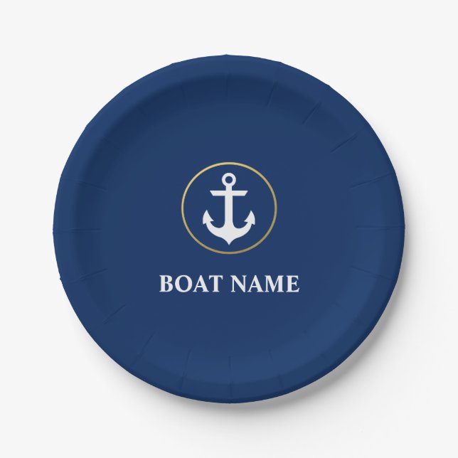 Plato De Papel Nautical Bote Name Anchor Blue Gold (Anverso)