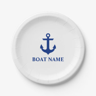 Plato De Papel Nautical Bote Nombre Anchor Blanco