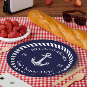 Plato De Papel Nautical Bote Nombre Anchor Rope Naval Azul Blanco