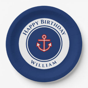 Plato De Papel Nautical Marine Navy Blue Red White Birday Party