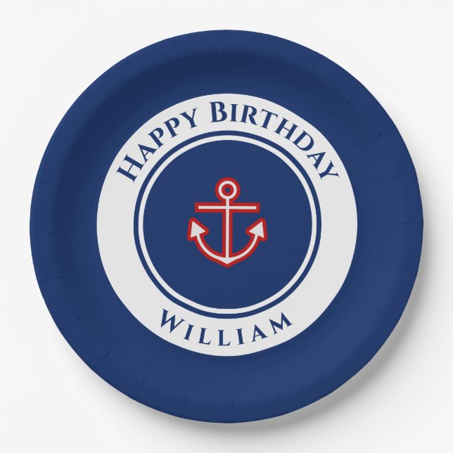Plato De Papel Nautical Marine Navy Blue Red White Birday Party (Anverso)