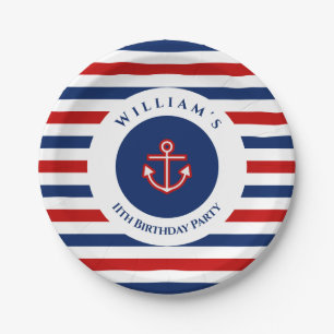 Plato De Papel Nautical Marine Navy Blue Red White Stripes