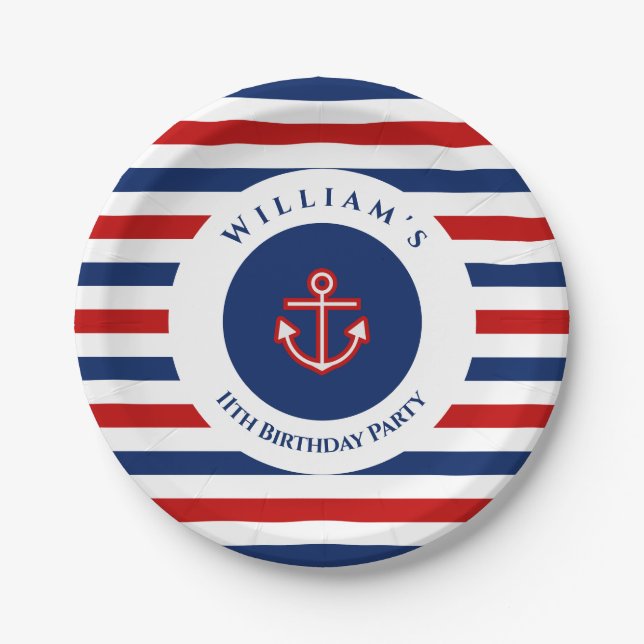 Plato De Papel Nautical Marine Navy Blue Red White Stripes (Anverso)