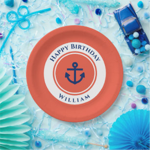 Plato De Papel Nautical Marine Navy Naranja Azul Cumpleaños Blanc