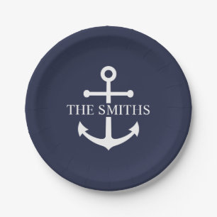 Plato De Papel Nautical Navy Blue Anchor Nombre de familia person