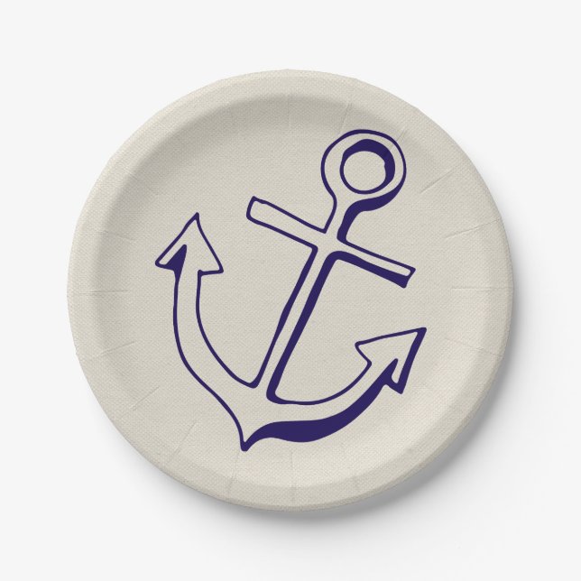 Plato De Papel Nautical Navy Blue Ship Anchor Tan Boda (Anverso)