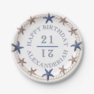 Plato De Papel Nautical Navy Blue White Tan Starfish Cumpleaños