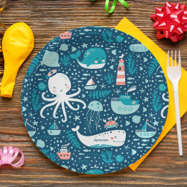 Plato De Papel Nautical Ocean Pattern Boy, de la Marina, azul y b