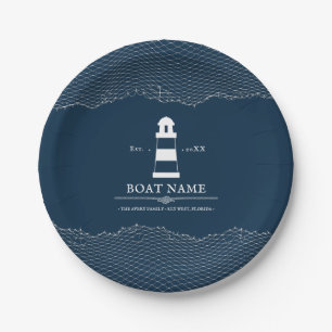 Plato De Papel Nautical Personalized Blue Faro Nombre del barco