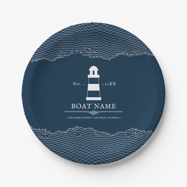 Plato De Papel Nautical Personalized Blue Faro Nombre del barco (Anverso)
