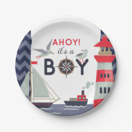 Plato De Papel Nautical Sailor Boats Ahoy Baby Boy Shower Fiesta